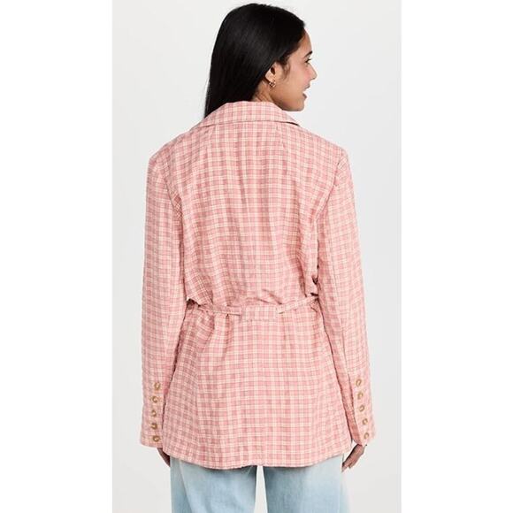 Free People Olivia Gingham Double Breasted Belted Blazer Pink & Cream Women's M - Picture 2 of 10